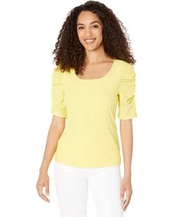 Vince Camuto Short Sleeve Ruched Knit Eyelet Top | Shirts & Tops
