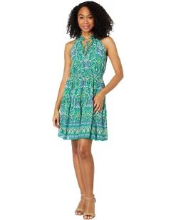 Vince Camuto Chiffon Ruffle Neck Halter Fit-and-Flare with Smocked Waist | Dresses