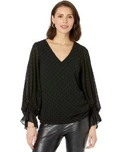 Vince Camuto Long Sleeve Smock Cuff Clip Dot V-Neck Blouse | Shirts & Tops