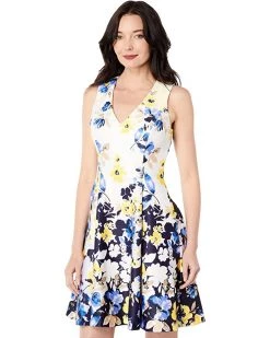 Vince Camuto Printed Scuba V-Neck Fit-and-Flare with Cross-Back | Dresses