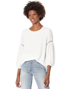 Vince Camuto Spring Crepe Blouse w/ Floral Lace Balloon Sleeve | Shirts & Tops