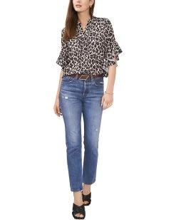 Vince Camuto Ruffle Sleeve Henley Elegant Leopard Blouse | Shirts & Tops