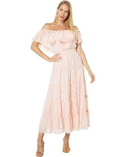 Vince Camuto Short Sleeve Tiered Foil Maxi Dress | Dresses