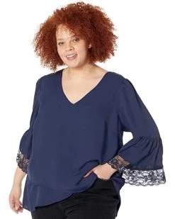 Vince Camuto Plus Size Tiered Lace Ruffle Sleeve V-Neck Blouse | Shirts & Tops