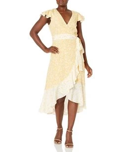 Vince Camuto Camuto Women's Printed CDC Faux Wrap Midi Dress with Contrast Ruffle & Flutter Sleeve | Dresses