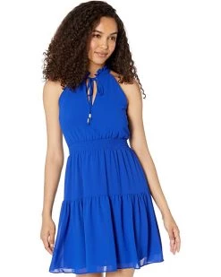 Vince Camuto Chiffon Ruffle Neck Halter Fit-and-Flare Dress with Smocked Waist | Dresses