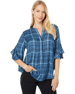 Vince Camuto Flutter Sleeve Pin Tuck Front Plaid Henley | Shirts & Tops