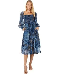 Vince Camuto Printed Chiffon Square Neck Smocking Tier Skirt Midi | Dresses