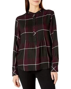 Vince Camuto Camuto Women's Windowpane Roll Tab Pintuck Henley Top | Shirts & Tops