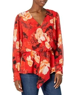 Vince Camuto Women's Long Sleeve Asymmetric Peplum Cinch Waist Floral Print Blouse | Shirts & Tops