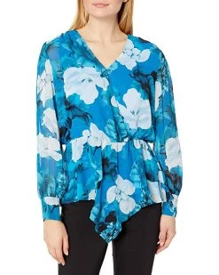 Vince Camuto Camuto Women's Long Sleeve Asymmetric Peplum Cinch Waist Floral Print Blouse | Shirts & Tops