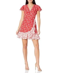 Vince Camuto Camuto Women's Printed CDC Faux Wrap Fit and Flare Dress with Contrast Ruffle Hem | Dresses