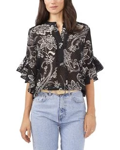 Vince Camuto Flutter Sleeve V-Neck Printed Chessboard Top | Shirts & Tops